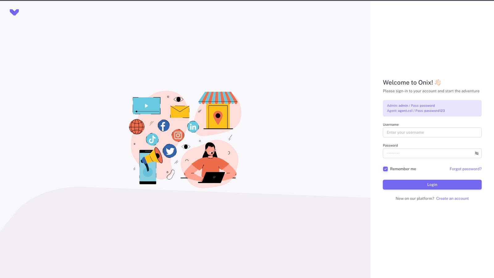 Tampilan login platform omnichannel Onix